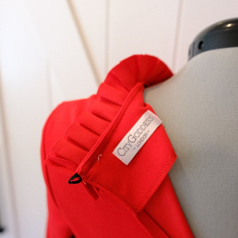 City Goddess - Lulu's - Red pleated neck slim fitting midi dress - Picture 6 of 6